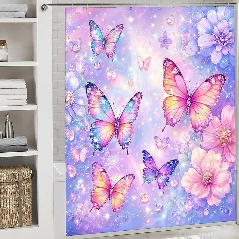 Butterflies and Flowers in a Magical Scene.-2Shower Curtain for Bathroom Waterproof Tan Shower Curtain with Hooks 71 inch x 71 inch - Image 2