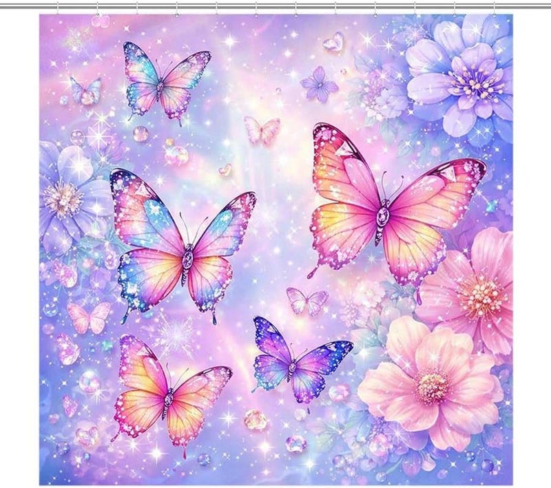Butterflies and Flowers in a Magical Scene.-2Shower Curtain for Bathroom Waterproof Tan Shower Curtain with Hooks 71 inch x 71 inch - Image 1