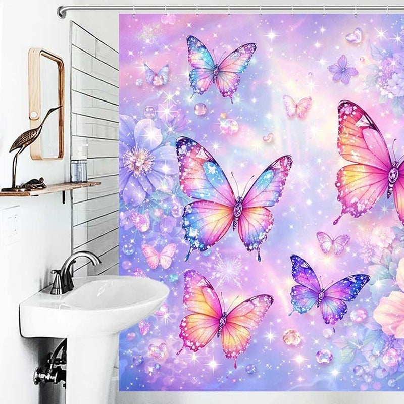 Butterflies and Flowers in a Magical Scene.-2Shower Curtain for Bathroom Waterproof Tan Shower Curtain with Hooks 71 inch x 71 inch - Image 4