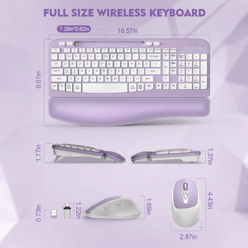 EAYBLLY Wireless Keyboard and Mouse Combo, Wave Keys Full-Sized Ergonomic Keyboard with Cushioned Plam Rest, Phone Holder, Comfortable Natural Typing, 2.4G Cordless Set for Computer, Laptop, Pc, Mac, Windows - Image 3