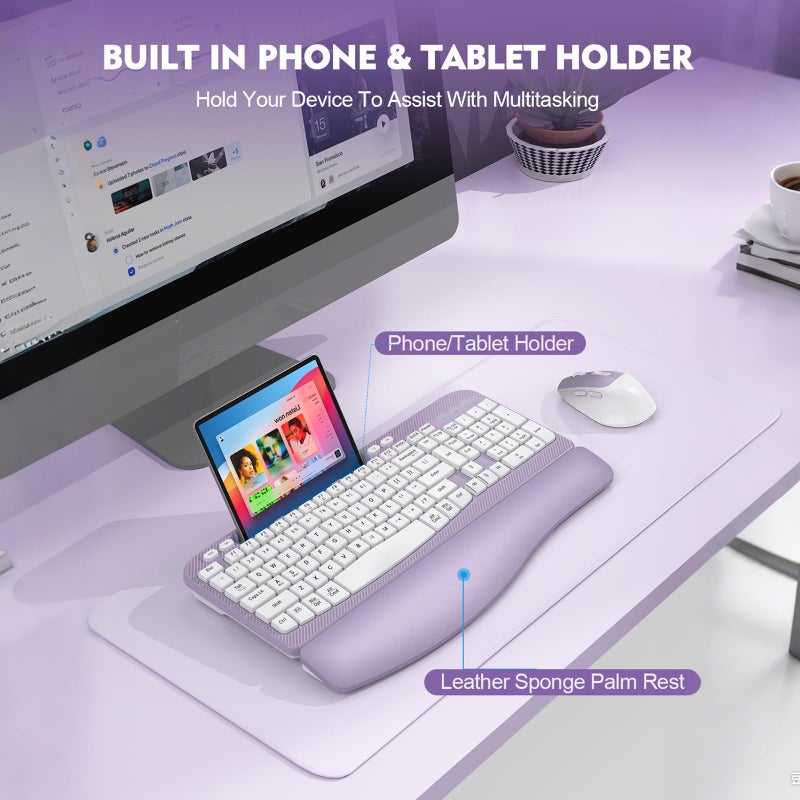 EAYBLLY Wireless Keyboard and Mouse Combo, Wave Keys Full-Sized Ergonomic Keyboard with Cushioned Plam Rest, Phone Holder, Comfortable Natural Typing, 2.4G Cordless Set for Computer, Laptop, Pc, Mac, Windows - Image 5