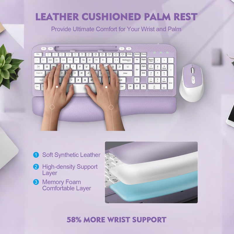 EAYBLLY Wireless Keyboard and Mouse Combo, Wave Keys Full-Sized Ergonomic Keyboard with Cushioned Plam Rest, Phone Holder, Comfortable Natural Typing, 2.4G Cordless Set for Computer, Laptop, Pc, Mac, Windows - Image 2
