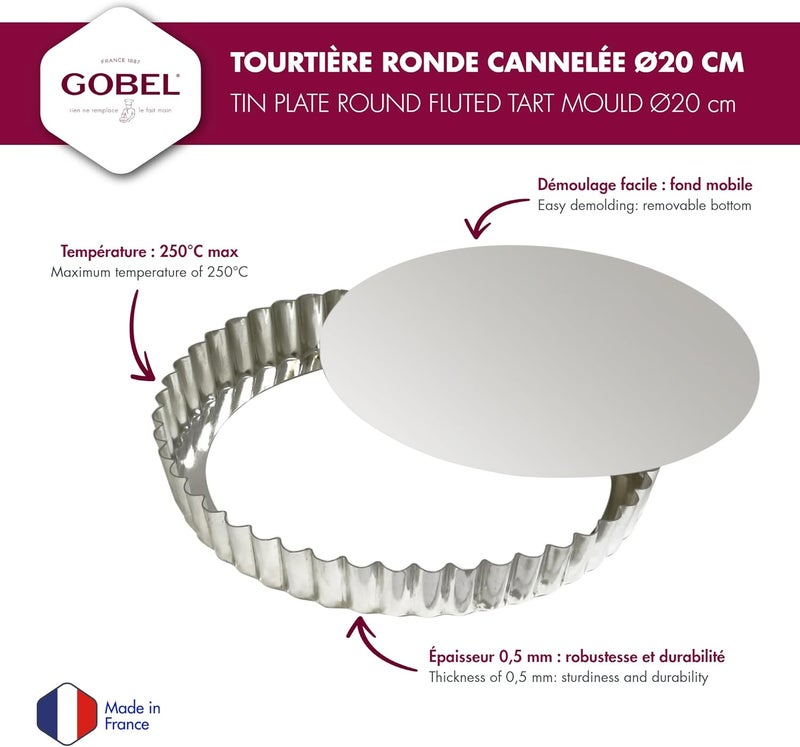 Gobel - Tin Plate Round Fluted Tart Mould - Removable Bottom - Ø7.9 in/7.3 in, 1 in height - Made in France - Image 2