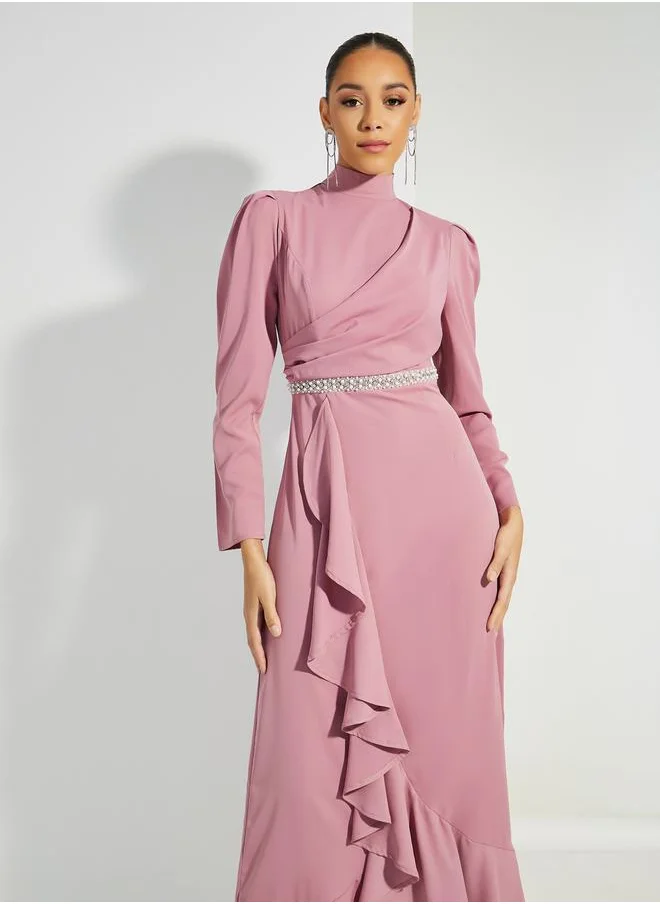 Styli Embellished Waistband Ruffled A-Line Maxi Dress