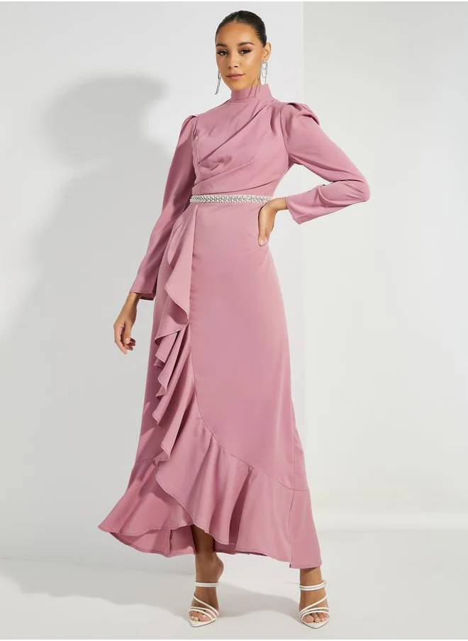 Styli Embellished Waistband Ruffled A-Line Maxi Dress