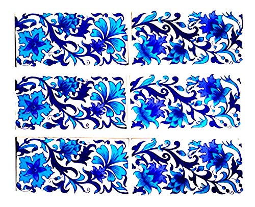Shiv Kripa Blue Pottery Shiv Kripa Blue Art Pottery Decorative Border Tile Tabletop Interior Exterior Flooring Wall Kitchen Washroom Tile Mural Panel 3 6 inch Pack of 6 Tiles White Multi 