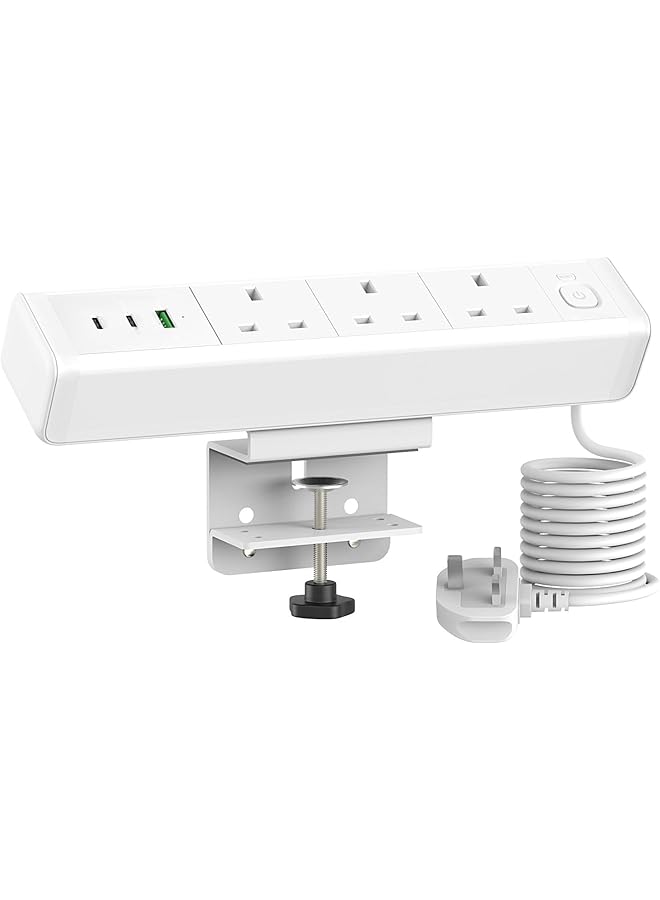 PROMASS Desk Power Socket with USB, Aluminium Alloy Desk Power Strip with 3 UK Plugs, 3 USB Ports, Overload Switch, and 1.8M Cable, Desk Socket Surge Protection for Office Home