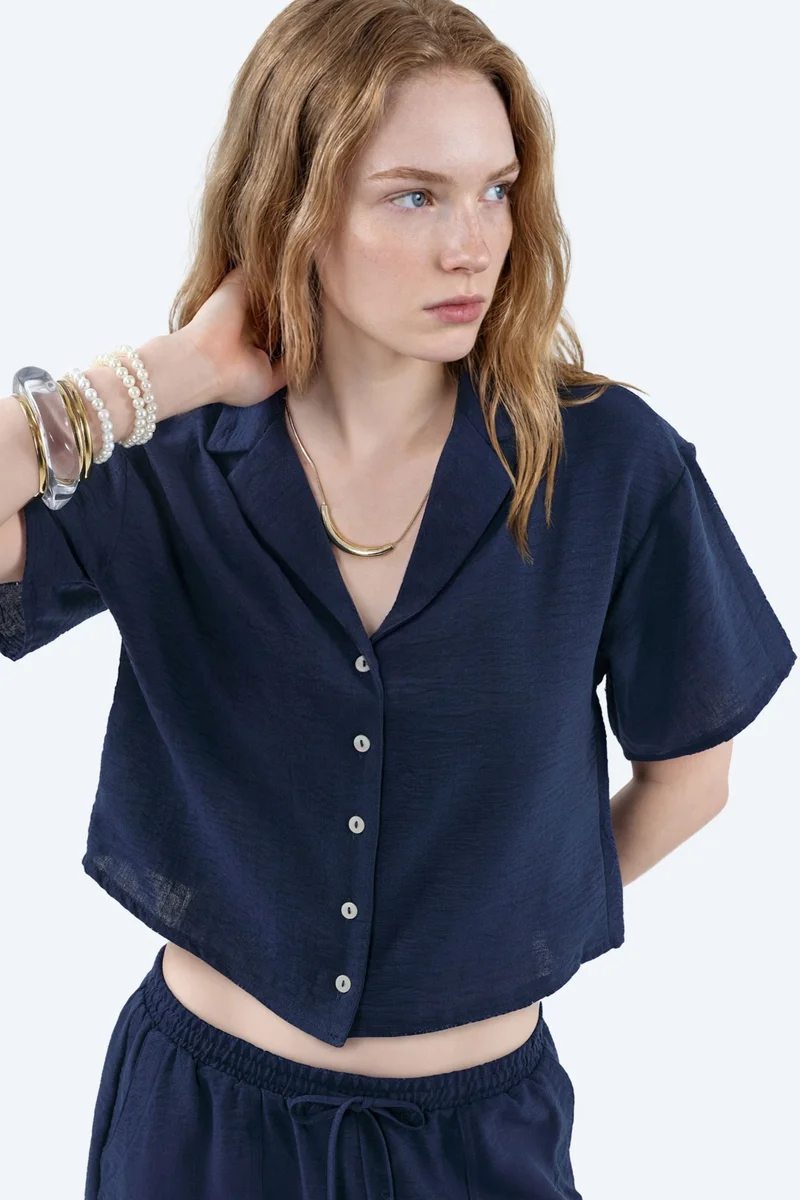 BUSEM Textured Crop Shirt with Button Closure