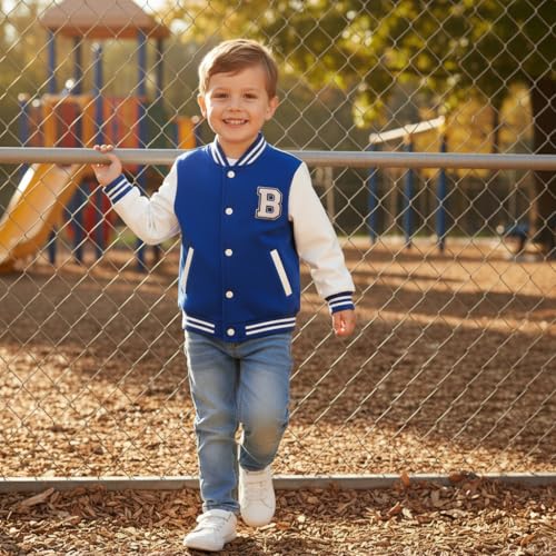 Volunboy Toddler Boys Baseball Jacket Kids Varsity Letteman Fall Winter Fleece Bomber Outerwear (Bluewhite, 18-24 Months) - Image 3