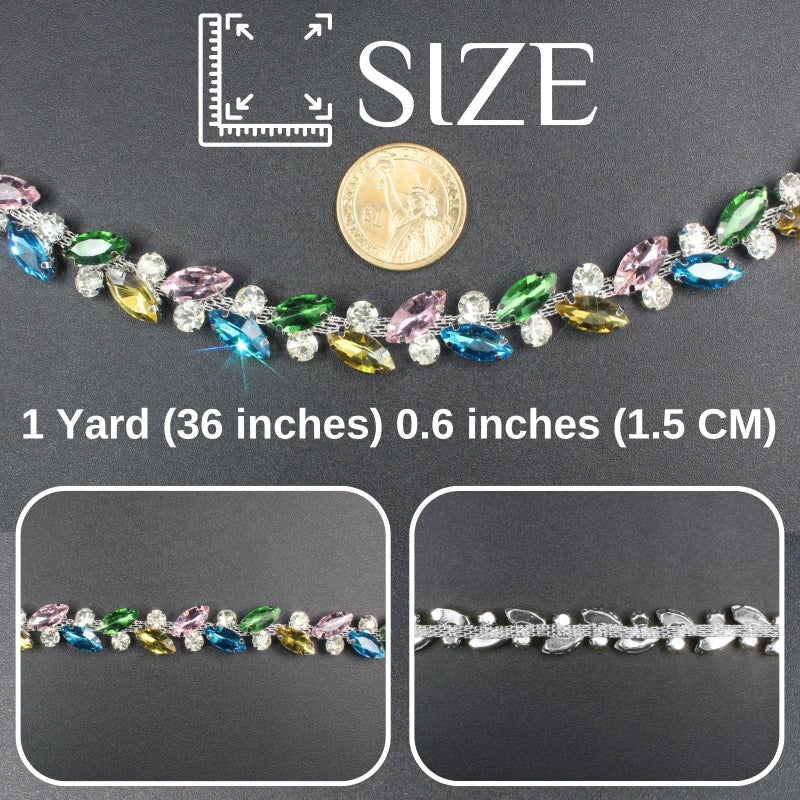 PEARLY JUN 1 Yard Rhinestone Trim Chain Light Color String Strips Crystal Applique Fringe Ribbon Beads Sewing for Dress DIY Party Wedding Bouquet Decoration Bridal Costume Embellishment - Image 2