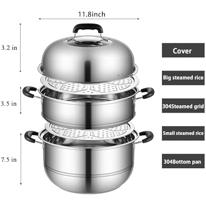 قدر بخار للطهي، أواني بخار مقاس 118 بوصة مع غطاء، وعاء بخار من الفولاذ المقاوم للصدأ مكون من طبقتين، أدوات طهي متعددة الأغراض مع مقبض لمرق الزلابية والخضراوات والصلصة والطعام - Image 2
