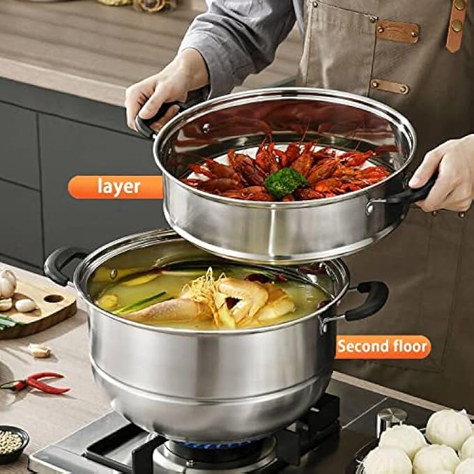 قدر بخار للطهي، أواني بخار مقاس 118 بوصة مع غطاء، وعاء بخار من الفولاذ المقاوم للصدأ مكون من طبقتين، أدوات طهي متعددة الأغراض مع مقبض لمرق الزلابية والخضراوات والصلصة والطعام - Image 4