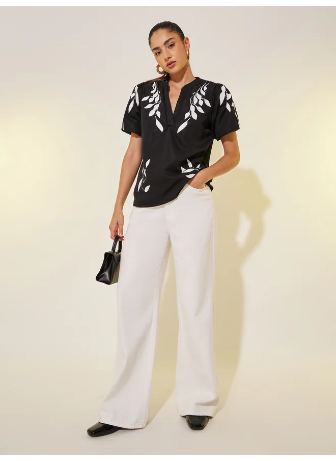 تايك تو Take Two Graphic Print Puff Sleeves Blouse