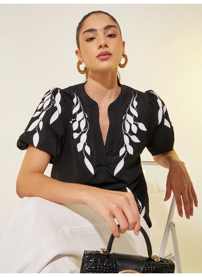 تايك تو Take Two Graphic Print Puff Sleeves Blouse