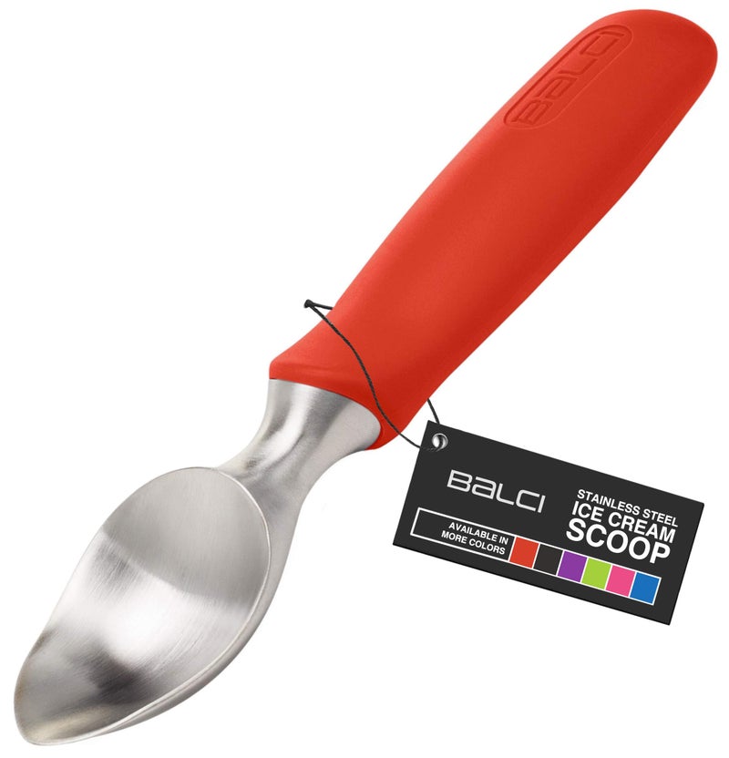 BALCI Ice Cream Scoop  Heavy Duty Stainless Steel Icecream Scooper With NonSlip Rubber Grip  Professional Metal IceCream Spade  Dishwasher Safe  Red