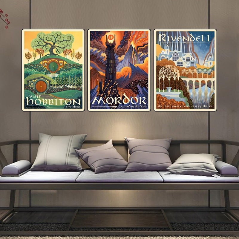 Meksular Middle Earth Landscape Wall Art Prints Canvas PaintingFantasy Posters, Pictures, For Travel Gift, Canvas Art, For Office Home Decor Bedroom Living Room Wall Decor. (Hobbiton-3pcs-edge binding, 16L" x 12W") - Image 3