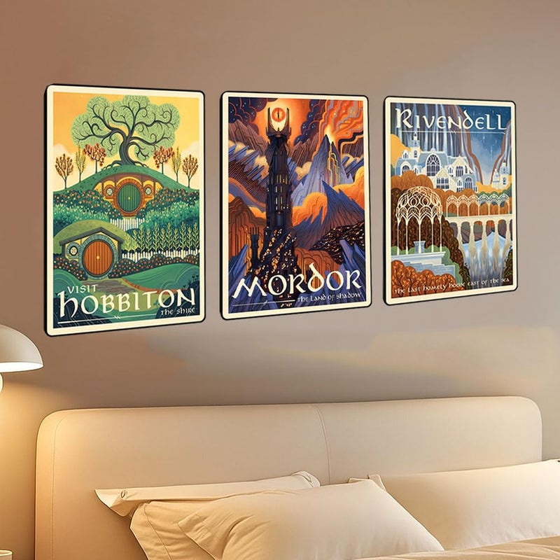 Meksular Middle Earth Landscape Wall Art Prints Canvas PaintingFantasy Posters, Pictures, For Travel Gift, Canvas Art, For Office Home Decor Bedroom Living Room Wall Decor. (Hobbiton-3pcs-edge binding, 16L" x 12W") - Image 2