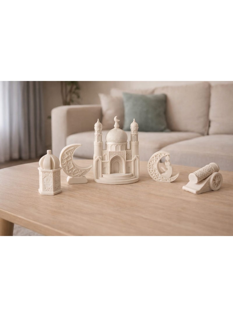 Islamic Decorative Ornament Set Made Of Resin – 5 Pieces – Home & Ramadan Decoration – Mosque, 2 Crescents, Ramadan Cannon & Dome