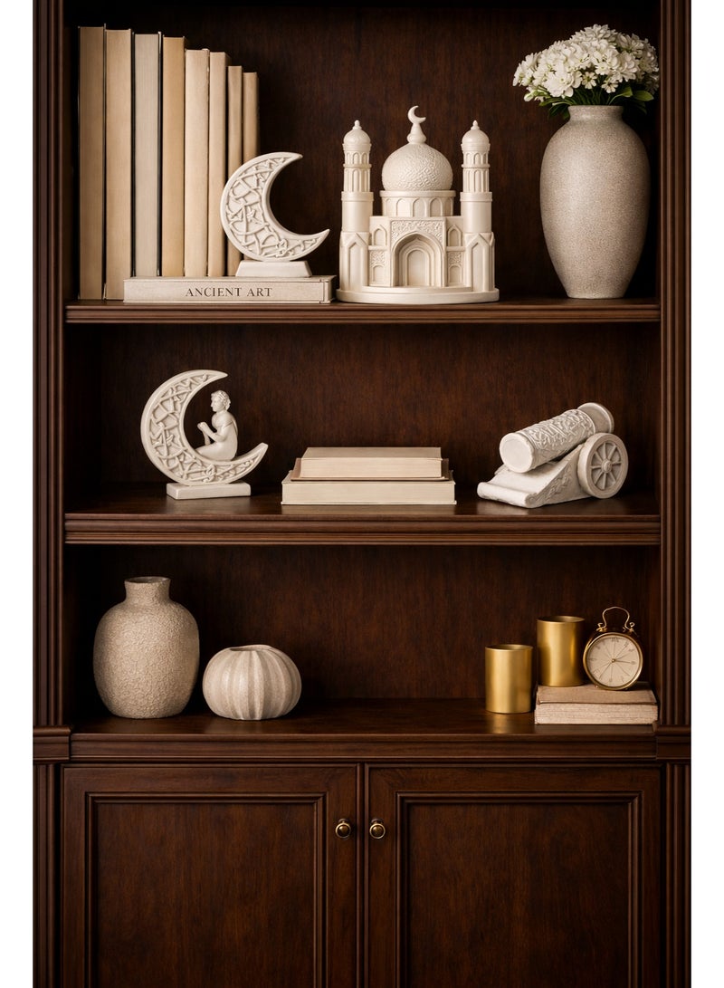 طقم تحف ديكورية إسلامية من الريزن – 5 قطع – ديكور منزلي وديكور رمضان – جامع، هلالين، مدفع رمضاني وقبة - Image 2