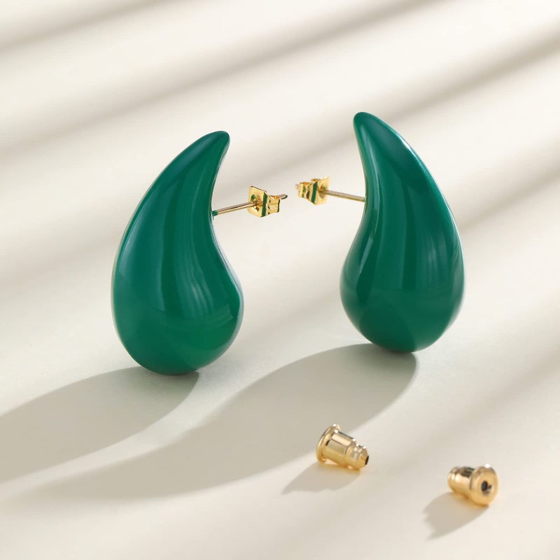 Apsvo Earring Dupes Green Chunky Gold Hoop Earrings for Women, Lightweight Tear Drop Waterdrop Hoops Gold Plated Earrings Hypoallergenic Fashion Teardrop Trendy Jewelry (Green) - Image 3