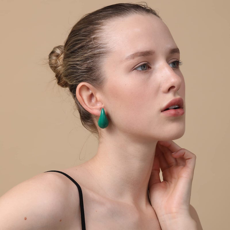 Apsvo Earring Dupes Green Chunky Gold Hoop Earrings for Women, Lightweight Tear Drop Waterdrop Hoops Gold Plated Earrings Hypoallergenic Fashion Teardrop Trendy Jewelry (Green) - Image 4