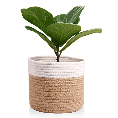Oradrem 11 Cotton Rope Plant Basket Modern Woven Baskets for 10 Flower Pot Floor Indoor PlantersStorage Organizer Baskets Home DecorBrown White 11x 11 - Image 1