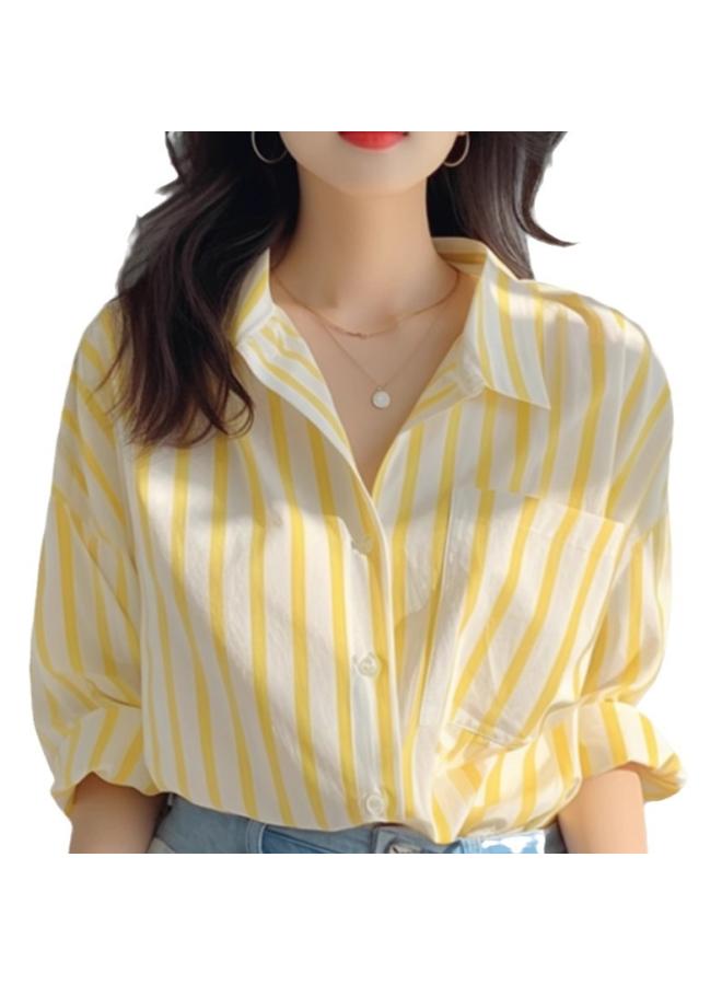 VUELO Yellow And White Vertical Stripe Shirt Women's Early Spring New Style Shirt European-style Western Style Small Shirt Explosions Seaside Sun-protective Shirt - Image 5