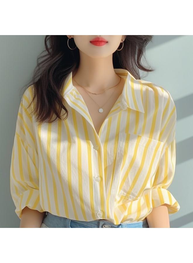 VUELO Yellow And White Vertical Stripe Shirt Women's Early Spring New Style Shirt European-style Western Style Small Shirt Explosions Seaside Sun-protective Shirt - Image 2