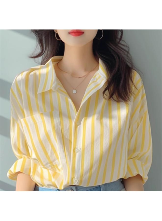 VUELO Yellow And White Vertical Stripe Shirt Women's Early Spring New Style Shirt European-style Western Style Small Shirt Explosions Seaside Sun-protective Shirt - Image 4