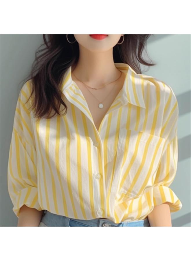 VUELO Yellow And White Vertical Stripe Shirt Women's Early Spring New Style Shirt European-style Western Style Small Shirt Explosions Seaside Sun-protective Shirt - Image 1