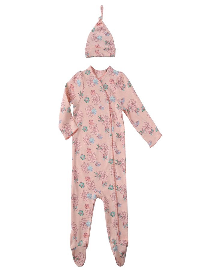 Asher and Olivia Baby Girls Footed Pajama Side Snap Footie Sleeper Blushing Flowers with Hat (6-9 Months) - Image 1