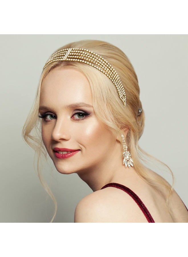 ANCIRS 2 Pack Multi Layered Elastic Headband for Women, Adjustable Rhinestone Bridal Headpieces, Stretchy Crystal Jewelry Hair Bands Accessories for Girls- Gold - Image 3