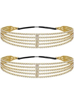 ANCIRS 2 Pack Multi Layered Elastic Headband for Women, Adjustable Rhinestone Bridal Headpieces, Stretchy Crystal Jewelry Hair Bands Accessories for Girls- Gold  - Image 1
