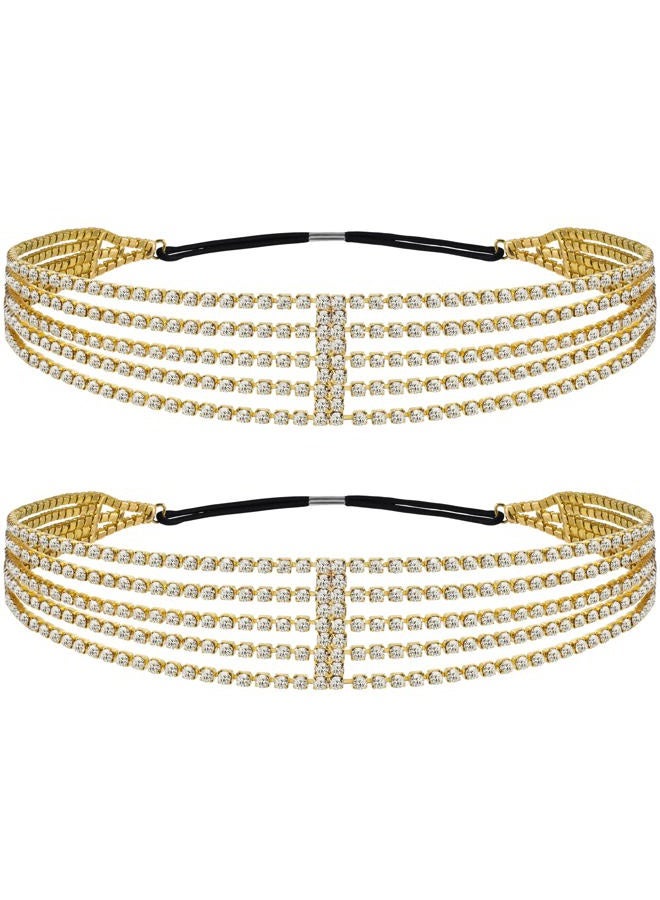 ANCIRS 2 Pack Multi Layered Elastic Headband for Women, Adjustable Rhinestone Bridal Headpieces, Stretchy Crystal Jewelry Hair Bands Accessories for Girls- Gold - Image 1