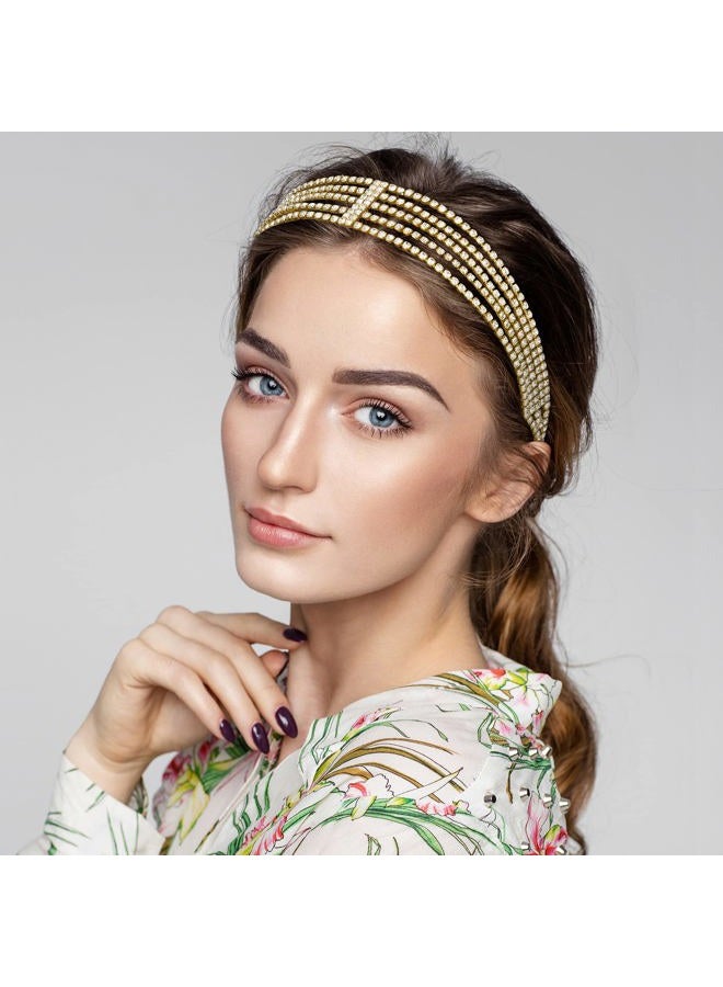 ANCIRS 2 Pack Multi Layered Elastic Headband for Women, Adjustable Rhinestone Bridal Headpieces, Stretchy Crystal Jewelry Hair Bands Accessories for Girls- Gold - Image 5