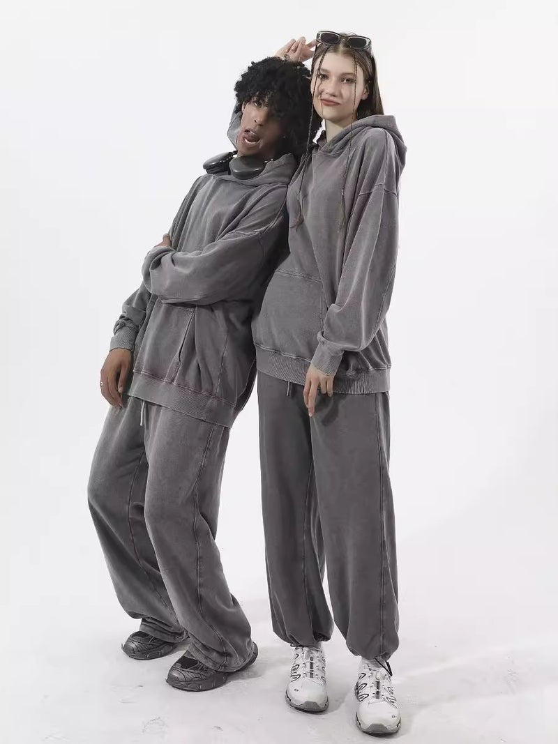 Washing Old Fashion Sportswear Suit Men And Women Slim Loose Leisure Two-Piece Set - Image 3