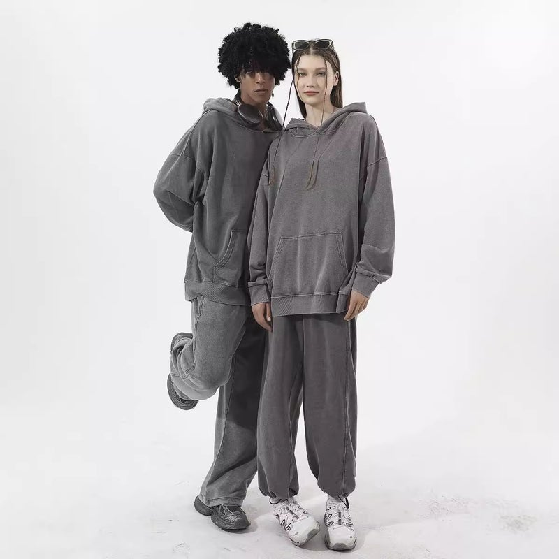 Washing Old Fashion Sportswear Suit Men And Women Slim Loose Leisure Two-Piece Set - Image 1