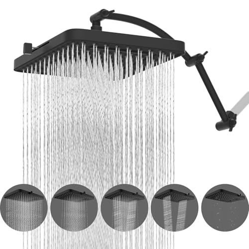 Hibbent Rain Shower Head, 13'' High Pressure Rainfall 5 Spray Mode Showerhead with 16" Shower Head Extension Arm, Solid Brass Adjustable Shower Arm Extender, Waterfall fixed Showerheads, Matte Black - Image 1
