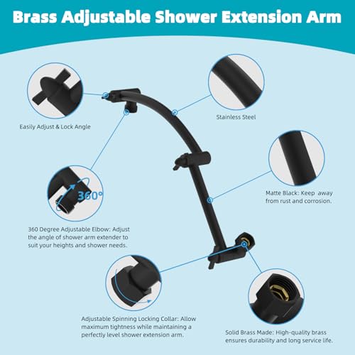 Hibbent Rain Shower Head, 13'' High Pressure Rainfall 5 Spray Mode Showerhead with 16" Shower Head Extension Arm, Solid Brass Adjustable Shower Arm Extender, Waterfall fixed Showerheads, Matte Black - Image 5