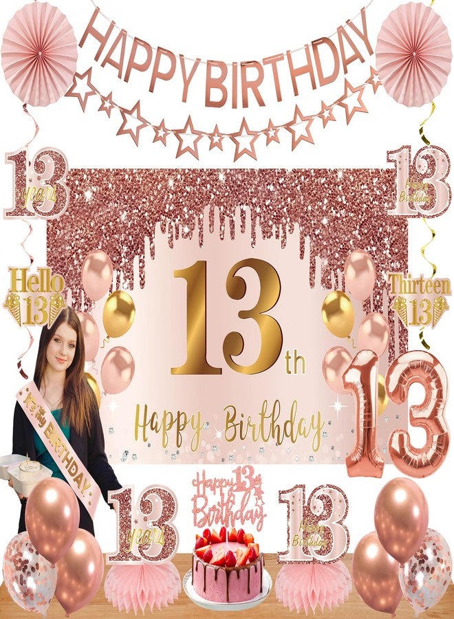 Turypaty 13th Birthday Decorations for Girls, Pink Rose Gold Happy 13 years old Birthday Banner Backdrop Balloons Sash Table Cake Topper Honeycomb Centerpieces Hanging Swirls Paper Fans Party Supplies - Image 1
