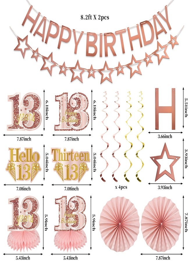 Turypaty 13th Birthday Decorations for Girls, Pink Rose Gold Happy 13 years old Birthday Banner Backdrop Balloons Sash Table Cake Topper Honeycomb Centerpieces Hanging Swirls Paper Fans Party Supplies - Image 2