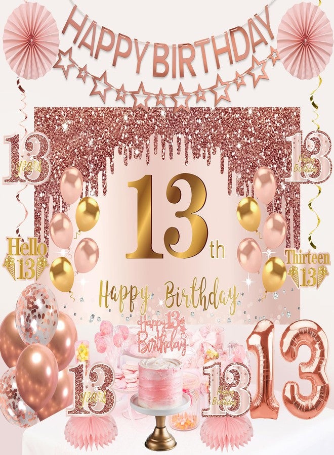 Turypaty 13th Birthday Decorations for Girls, Pink Rose Gold Happy 13 years old Birthday Banner Backdrop Balloons Sash Table Cake Topper Honeycomb Centerpieces Hanging Swirls Paper Fans Party Supplies - Image 5