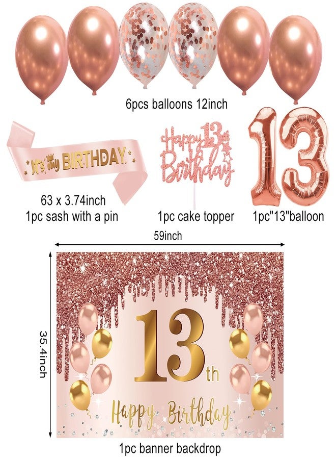 Turypaty 13th Birthday Decorations for Girls, Pink Rose Gold Happy 13 years old Birthday Banner Backdrop Balloons Sash Table Cake Topper Honeycomb Centerpieces Hanging Swirls Paper Fans Party Supplies - Image 3