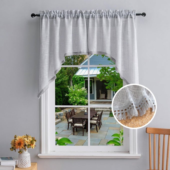 BEDA HOME TASSEL LINEN TEXTURED SWAG VALANCES FOR FARMHOUSES KITCHEN RUSTIC SHORT SWAG TOPPER FOR SMALL WINDOWS BEDROOM PRIVACY ADDED ROD POCKET DESIGN LIGHT GREY 36 X36 INCH 1 PAIR