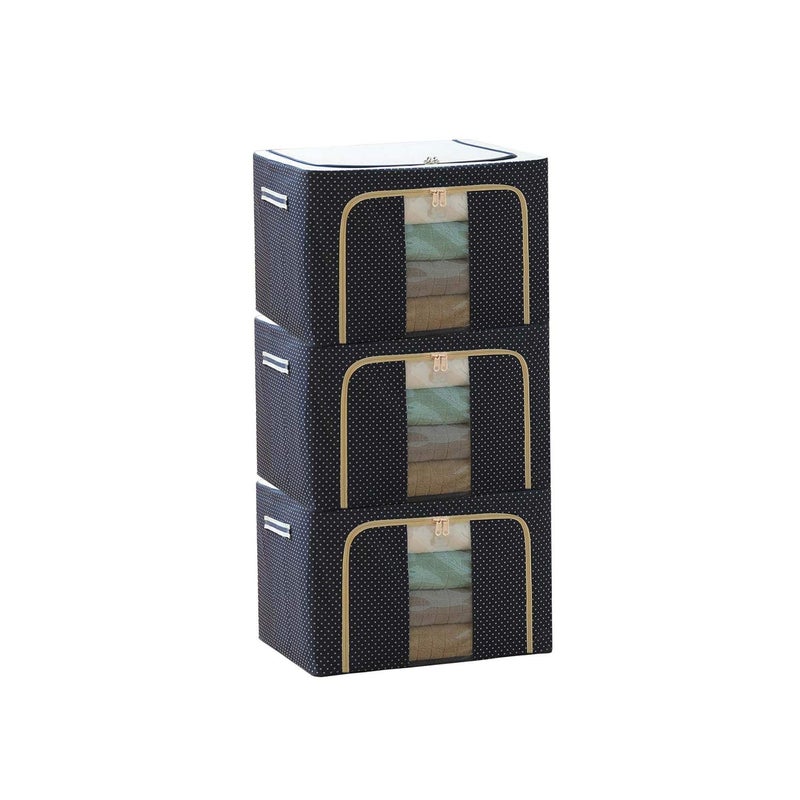 Niyam Oxford Fabric Foldable Cloths Storage Organizer Box For Saree Shirts Blanket Double Opening Zipped with Metal Frame & Carry Handles 44 Liter (3pc,Polka Dots Blue) - Image 1