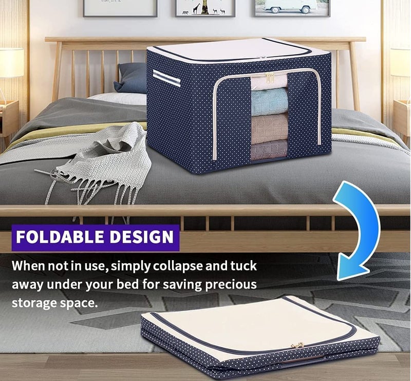 Niyam Oxford Fabric Foldable Cloths Storage Organizer Box For Saree Shirts Blanket Double Opening Zipped with Metal Frame & Carry Handles 44 Liter (3pc,Polka Dots Blue) - Image 2