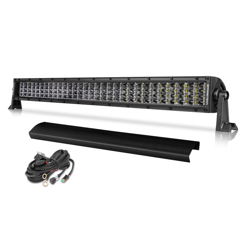 شريط إضاءة LED بطول 30 بوصة من OFFROADTOWN مع مجموعة أسلاك وغطاء أسود أضواء الطرق الوعرة 480 واط شعاع مركّز وموزع LED للقيادة للشاحنات والدفع الرباعي وUTV وSUV وبرونكو وكان آم