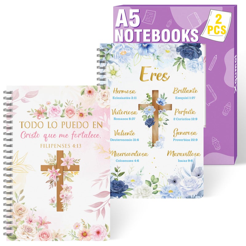 Xqumoi 2 Pack A5 Spanish Christian Spiral Notebooks - Floral Cross Religious Bible Verse Ruled Journal Writing Notebooks Inspirational Gift for Women Christmas Back to School Office Supplies - Image 1