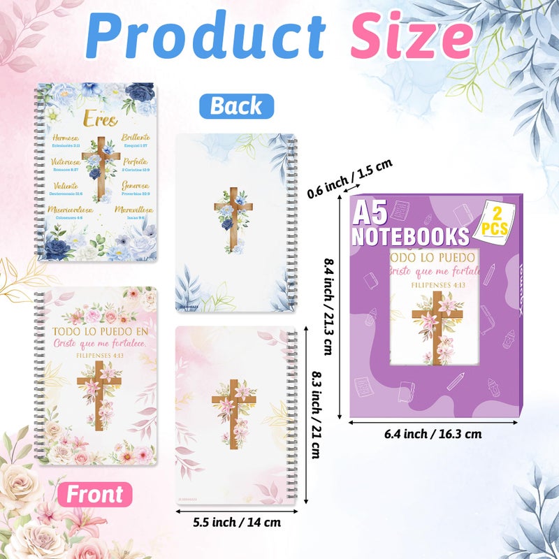 Xqumoi 2 Pack A5 Spanish Christian Spiral Notebooks - Floral Cross Religious Bible Verse Ruled Journal Writing Notebooks Inspirational Gift for Women Christmas Back to School Office Supplies - Image 2