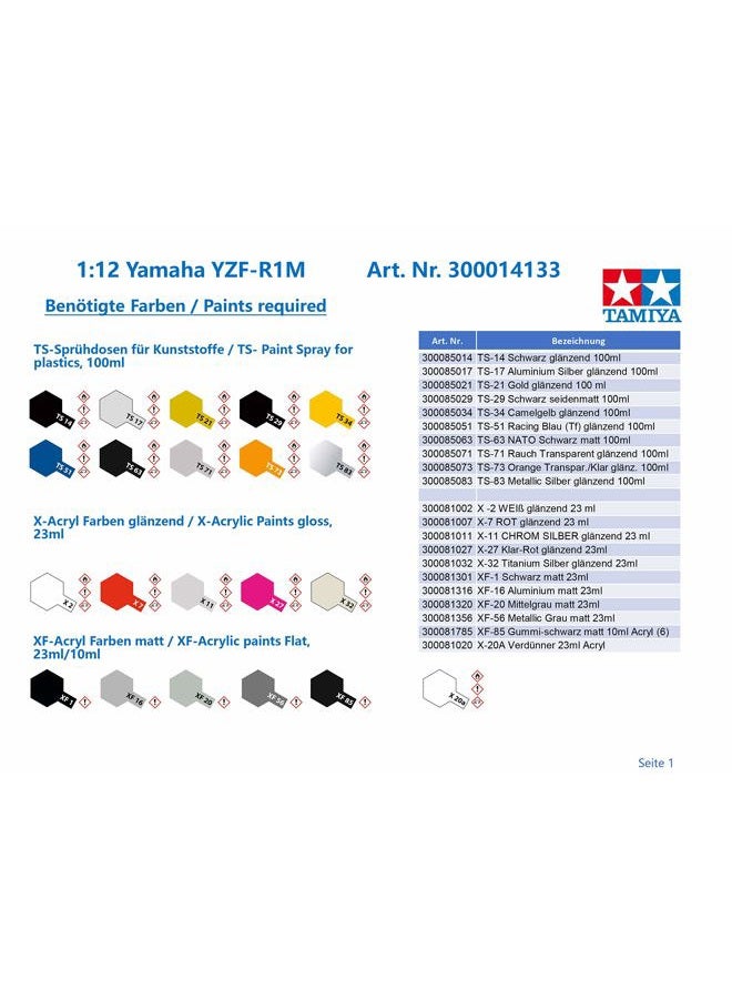 Tamiya TAM14133 Yamaha Vehicle 14133 YZF-R1M Building 1:12 Scale High Fit Plastic Kit Model Motorcycle Assembly Unpainted, Unvarnished, Mittel - Image 5